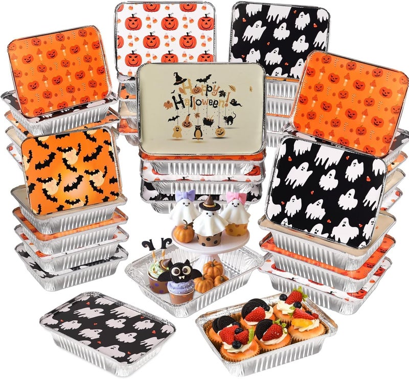 Findful 50 Pack Halloween Aluminum Pans with Lids - 8.5x6 Inch Disposable Foil Pans (2.25lb Capacity), 5 Holiday Print Designs, foil containers with lids for Baking, Cooking, Halloween Party & Leftovers - Image 1