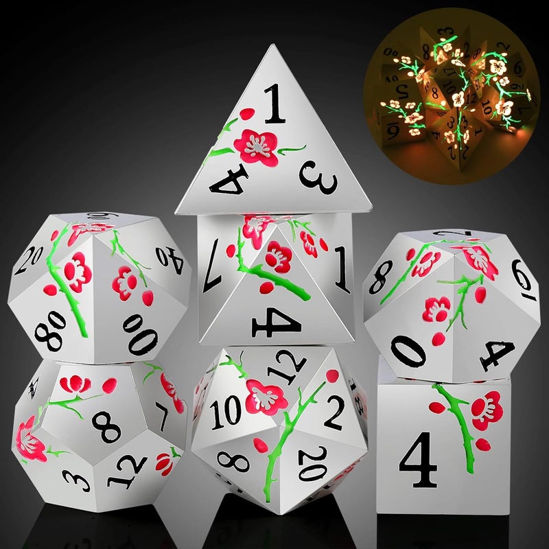 DNDND Metal DND Dice, 7 PCS Glow in The Dark Metallic D&D Dice Set with Gorgeous Gift Case for Dungeons and Dragon Tabletop Game (Glow in The Dark Pink) - Image 1