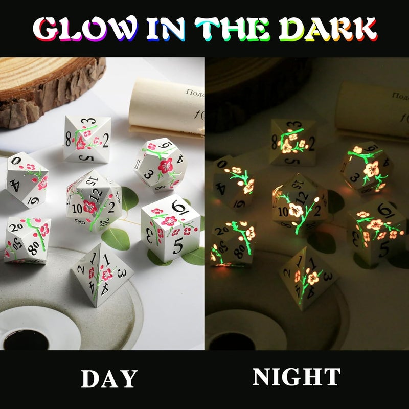 DNDND Metal DND Dice, 7 PCS Glow in The Dark Metallic D&D Dice Set with Gorgeous Gift Case for Dungeons and Dragon Tabletop Game (Glow in The Dark Pink) - Image 3