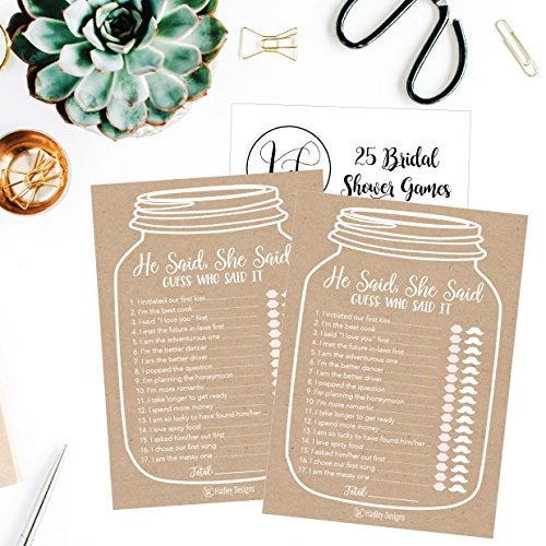 Hadley Designs 25 Rustic Wedding Bridal Shower Engagement Bachelorette Anniversary Party Game Ideas, He Said She Said Cards Funny Co Ed Trivia Rehearsal Dinner Guessing Question Fun Supplies Kit - Image 3