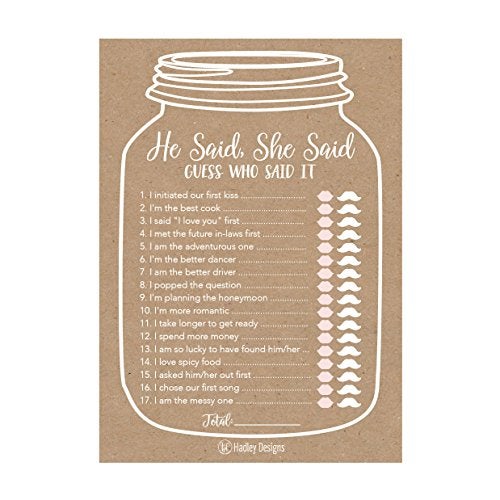 Hadley Designs 25 Rustic Wedding Bridal Shower Engagement Bachelorette Anniversary Party Game Ideas, He Said She Said Cards Funny Co Ed Trivia Rehearsal Dinner Guessing Question Fun Supplies Kit - Image 5