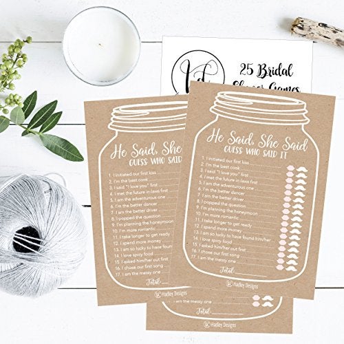 Hadley Designs 25 Rustic Wedding Bridal Shower Engagement Bachelorette Anniversary Party Game Ideas, He Said She Said Cards Funny Co Ed Trivia Rehearsal Dinner Guessing Question Fun Supplies Kit - Image 2