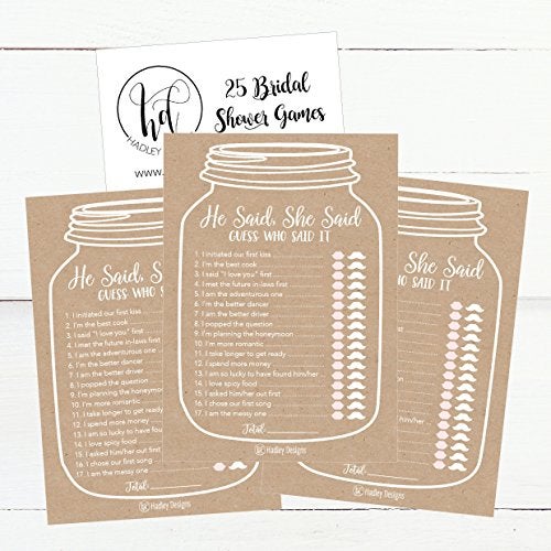 Hadley Designs 25 Rustic Wedding Bridal Shower Engagement Bachelorette Anniversary Party Game Ideas, He Said She Said Cards Funny Co Ed Trivia Rehearsal Dinner Guessing Question Fun Supplies Kit - Image 4
