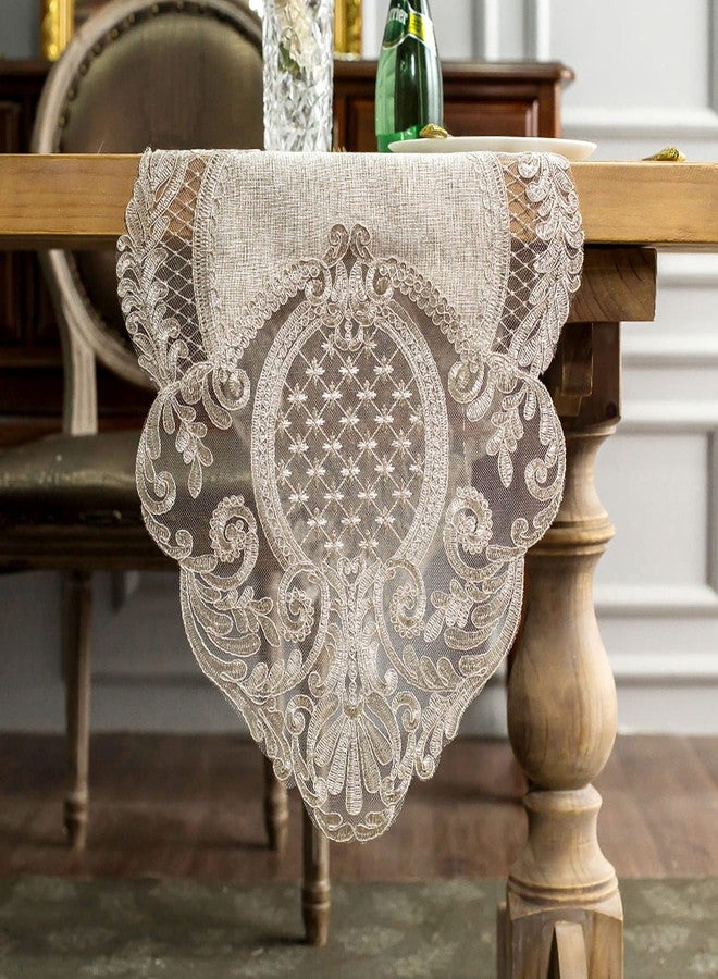 ARTABLE Lace Table Runner Rectangle Gray Cotton Linen Fabric Dresser Scarf with Exquisite Macrame Embroidery Table Runners for Kitchen Home Wedding Party Dining Decoration (Stone Gray, 16 x 48 Inch) - Image 1