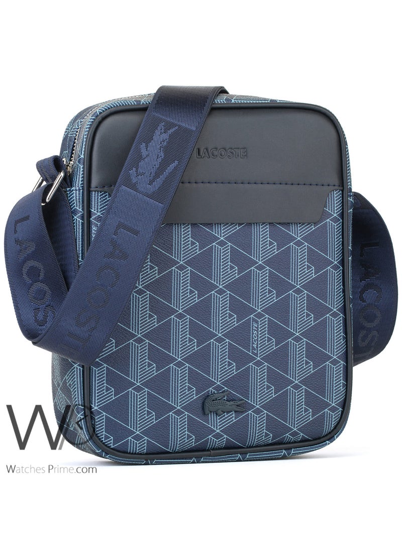 Lacoste Crossbody Messenger Blue Leather Bag For Men - Image 4