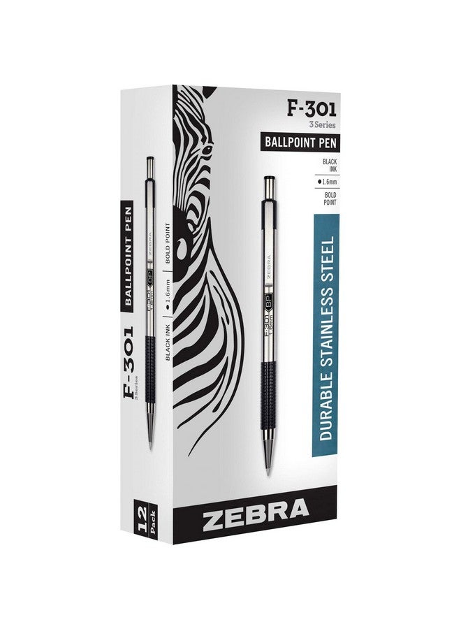 Zebra Pen F-301 Retractable Ballpoint Pen, Stainless Steel Barrel, Bold Point, 1.6mm, Black Ink, 12-Pack - Image 1