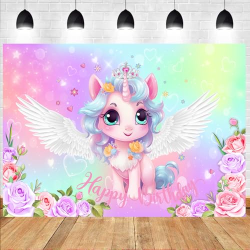 LTLYH Unicorn Birthday Backdrop for Girls – 5x3ft Pastel Rainbow Wings Pony Party Banner with Flowers & Crown, Happy Birthday Photo Background for Kids Girl Birthday Party Decorations 276 - Image 1
