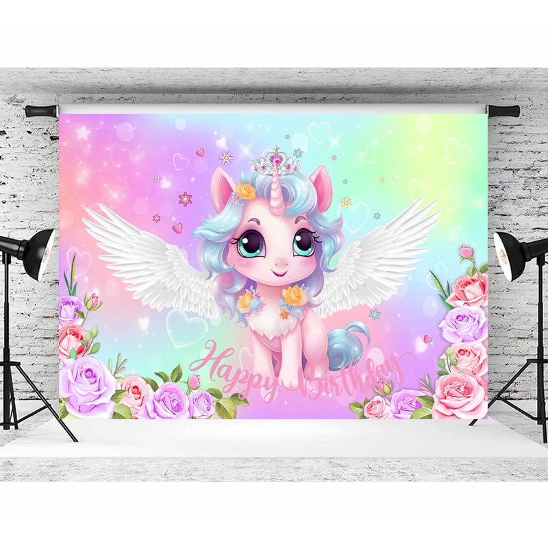 LTLYH Unicorn Birthday Backdrop for Girls – 5x3ft Pastel Rainbow Wings Pony Party Banner with Flowers & Crown, Happy Birthday Photo Background for Kids Girl Birthday Party Decorations 276 - Image 3