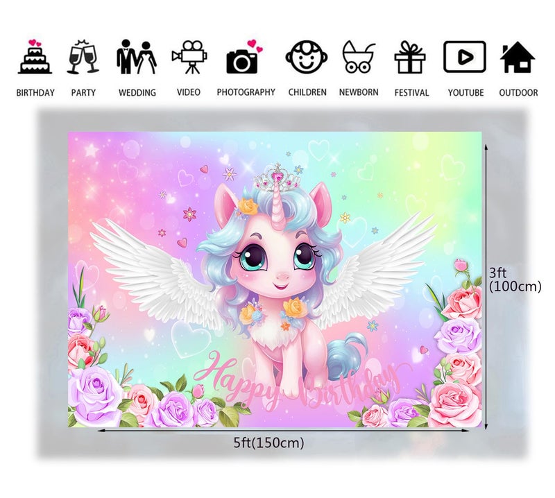 LTLYH Unicorn Birthday Backdrop for Girls – 5x3ft Pastel Rainbow Wings Pony Party Banner with Flowers & Crown, Happy Birthday Photo Background for Kids Girl Birthday Party Decorations 276 - Image 4