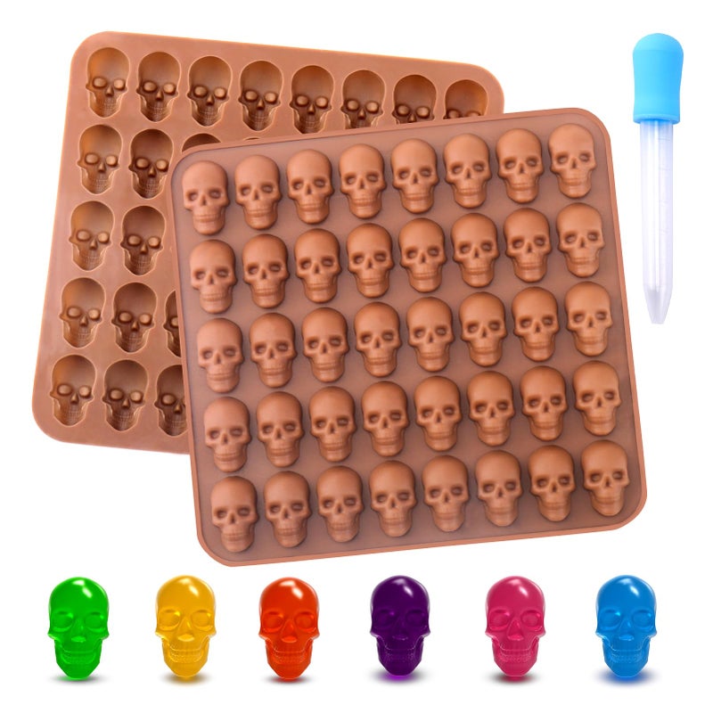 BUSOHA Gummy Skull Candy Molds Silicone 2 Pack 40 Cavity NonStick Skull Silicone Molds with 1 Droppers for Chocolate Candy Jelly Ice Cube Dog Treats