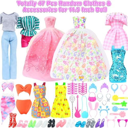 BJDBUS 50 Pcs Doll Clothes and Accessories 2 Wedding Gowns 4 Fashion Dresses 2 Tops 2 Pants Outfits 2 Swimsuits Bikini 10 Shoes 10 Hangers 17 Accessories Stuffers for 115 inch Girl Doll - Image 5