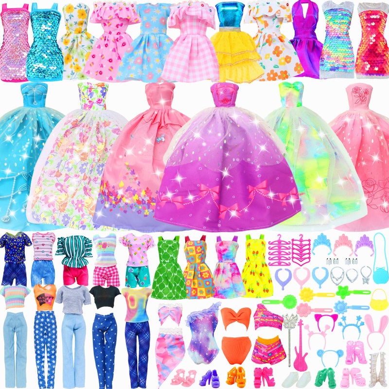 BJDBUS 50 Pcs Doll Clothes and Accessories 2 Wedding Gowns 4 Fashion Dresses 2 Tops 2 Pants Outfits 2 Swimsuits Bikini 10 Shoes 10 Hangers 17 Accessories Stuffers for 115 inch Girl Doll - Image 3