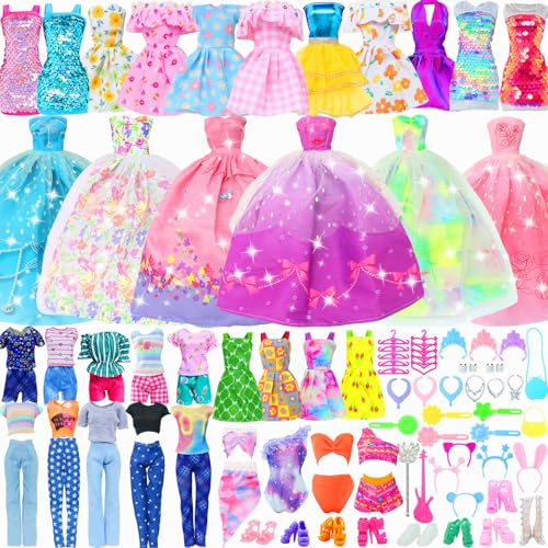 BJDBUS 50 Pcs Doll Clothes and Accessories 2 Wedding Gowns 4 Fashion Dresses 2 Tops 2 Pants Outfits 2 Swimsuits Bikini 10 Shoes 10 Hangers 17 Accessories Stuffers for 115 inch Girl Doll - Image 1