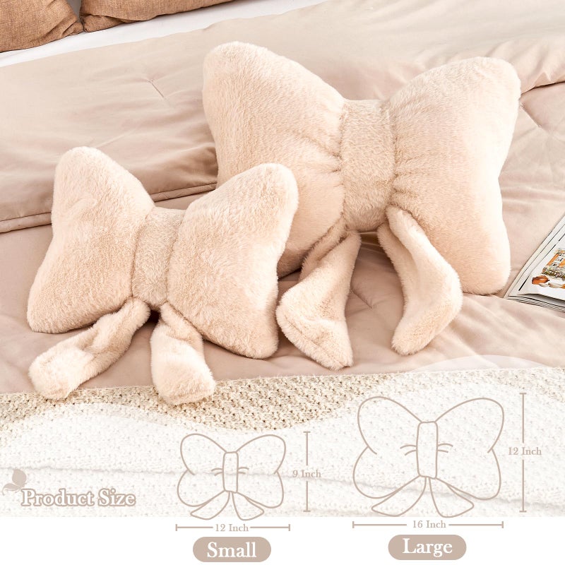 XVTRU Beige Bow Pillow  Soft Bow Decorative Pillows with Faux Rabbit Fur  Cute 16"" Bow Throw Pillows  Aesthetic Home Decor Bow Shaped Plush Pillow for Bedroom Sofa Couch - Image 2