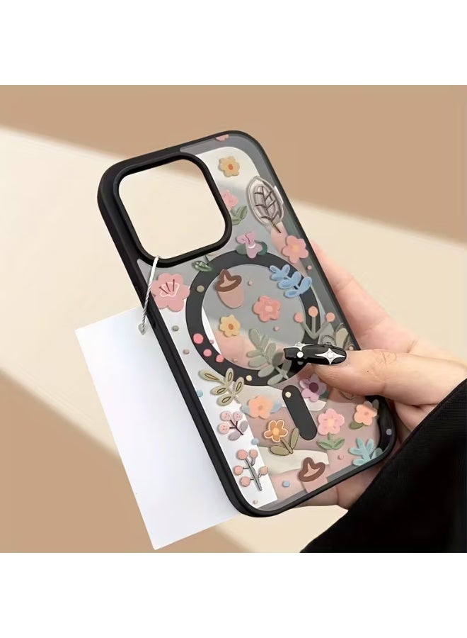 Temu A transparent magnetic iPhone case with a rose and flower design and black edges, offering full aesthetic coverage. It supports wireless charging and provides durable, stain-resistant drop protection. Suitable for Apple iPhone 16 Pro.