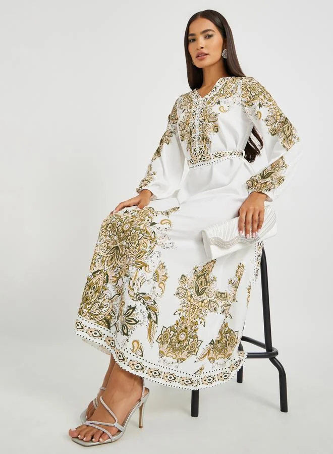 Take Two Take Two Floral Print V-Neck Balloon Sleeve Belted Maxi Dress