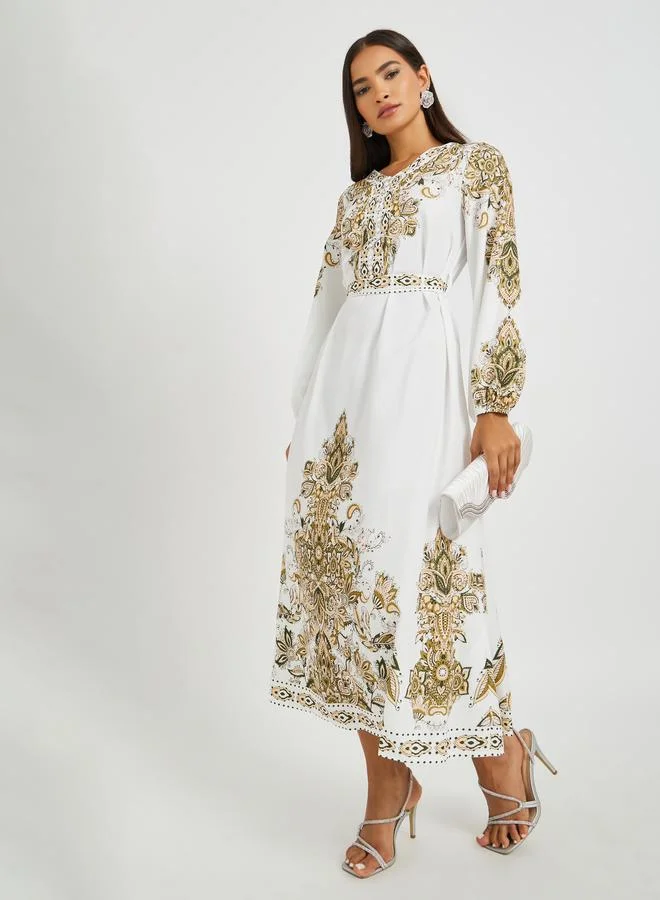 Take Two Take Two Floral Print V-Neck Balloon Sleeve Belted Maxi Dress