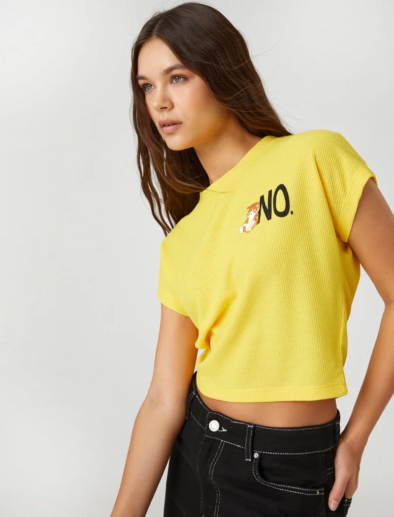 KOTON Crop T-Shirt Cat Printed Short Sleeve Crew Neck