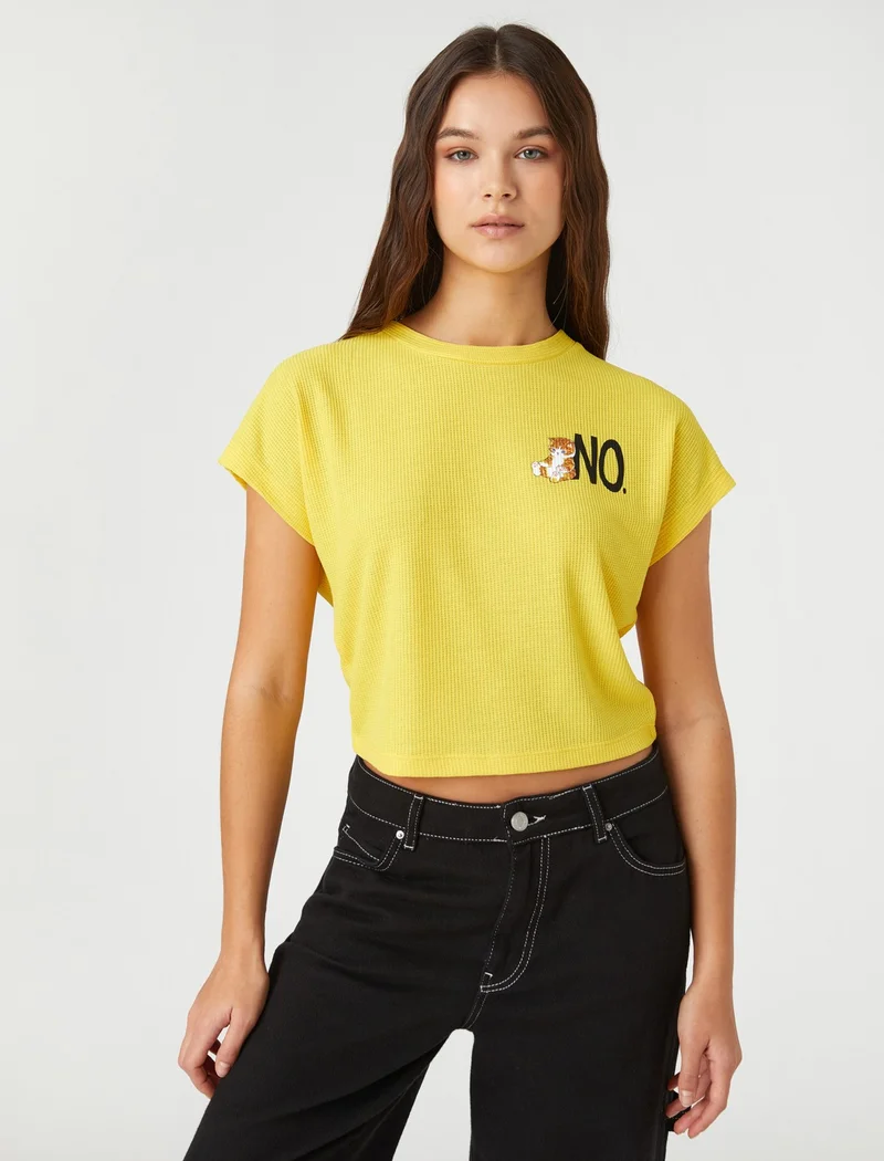 KOTON Crop T-Shirt Cat Printed Short Sleeve Crew Neck