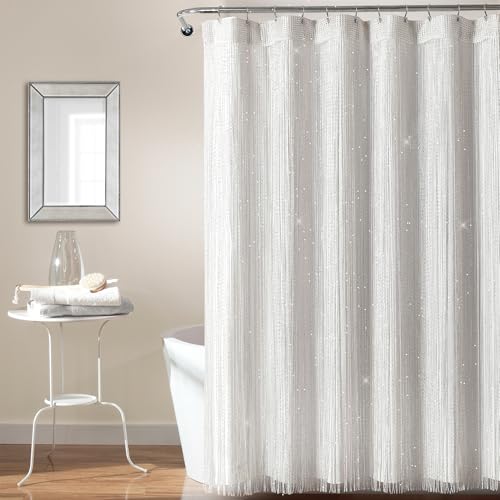 Lush Decor Night Sky String Thread Shower Curtain With PEVA Liner 2 Piece Set 72 W x 72 L White Silver String Shower Curtain and Liner Set Shimmery Bath Curtain Modern Glam Bathroom Decor - Image 1