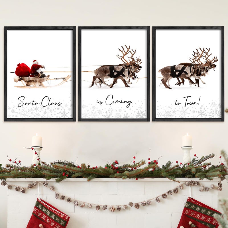 LITIVY Christmas Wall Art Prints  Set of 3 Santa Claus with Sleigh Deer for Home Decor  Xmas Sign  12x16in  Black