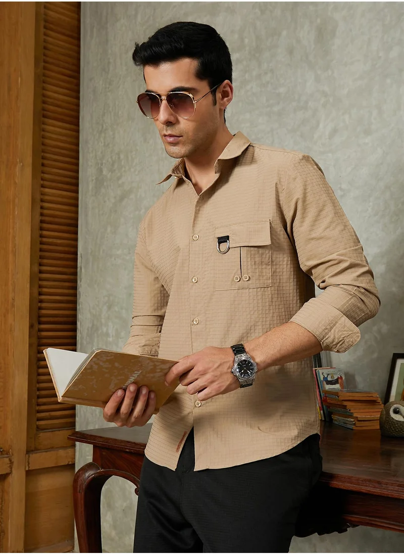 كامبوس سوترا Campus Sutra Men's Sand Beige Grid-Utility Shirt For Casual Wear | Spread Collar | Long Cuffed Sleeves | Button Closure | Shirt Crafted With Comfort Fit For Everyday Wear