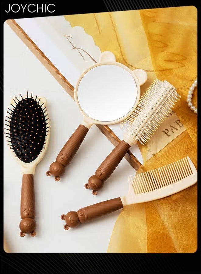 Joychic مجموعة مرآة يد وفرشاة شعر لطيفة مكونة من 4 قطع، مشط تدليك لفك تشابك الشعر، مشط بأسنان دقيقة، مرآة شخصية على شكل قطة، فرشاة دائرية للشعر المجعد للفتيات لتصفيف الشعر الرطب والجاف (بني) - Image 1