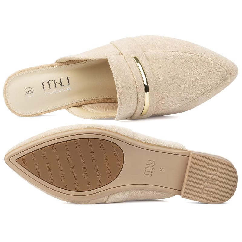 MUSSHOE Mules for Woman Pointed Toe Women's Bukle Mule Flat Slip-on Womens Mules Shoes Casual Fashion Party Work,Nude Suede 8 - Image 5