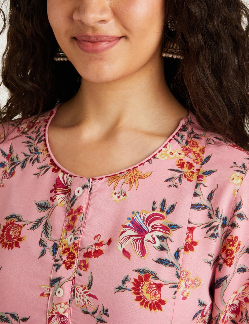 Biba Women's Pink Viscose A-Line Floral Kurta Palazzo Suit Set, Medium - Image 3