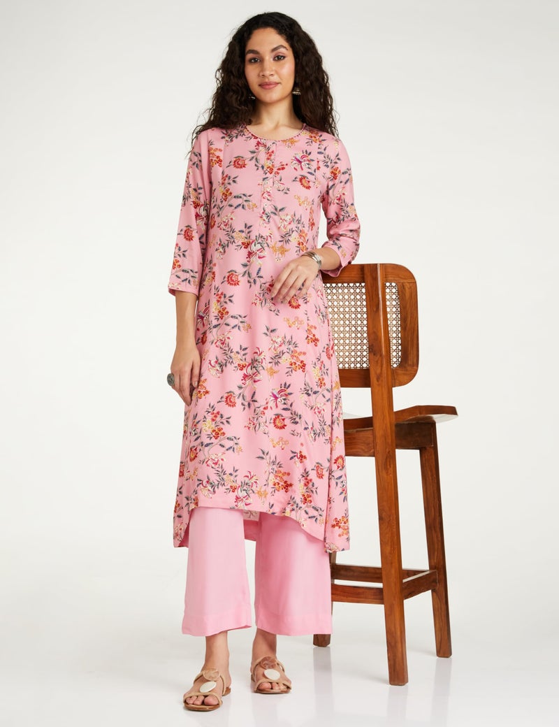 Biba Women's Pink Viscose A-Line Floral Kurta Palazzo Suit Set, Medium - Image 2