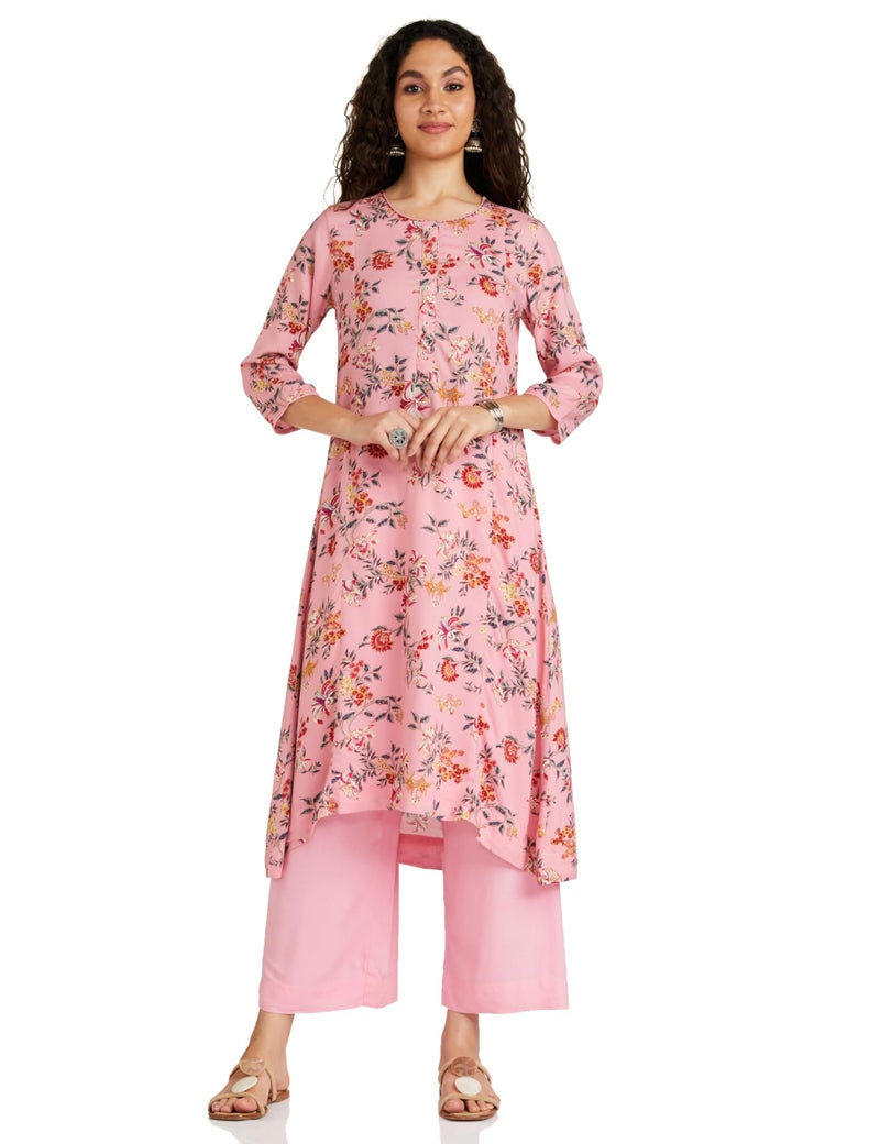 Biba Women's Pink Viscose A-Line Floral Kurta Palazzo Suit Set, Medium - Image 1