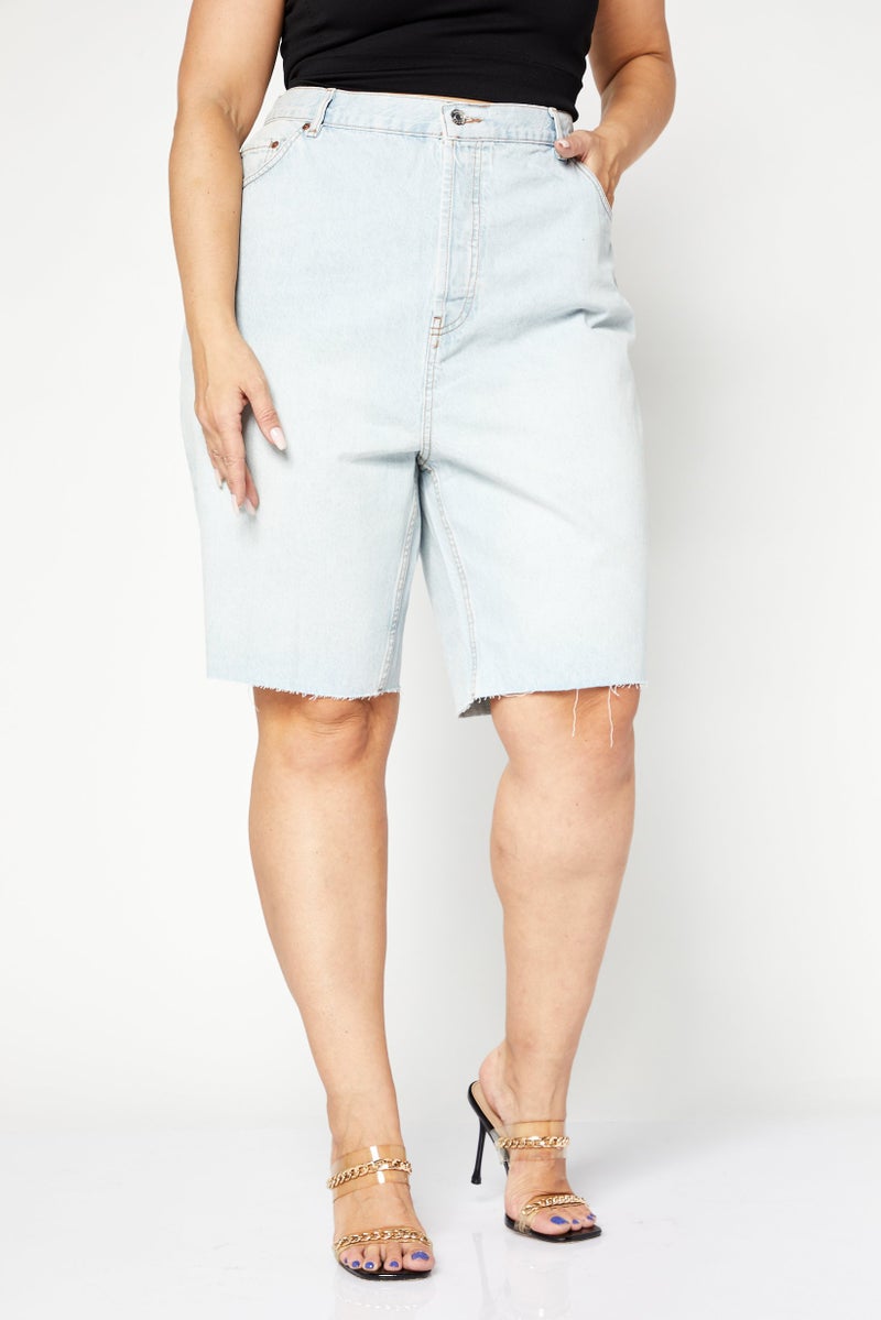 Asos Design Women Curve Washed Denim Shorts, Light Blue - Image 1