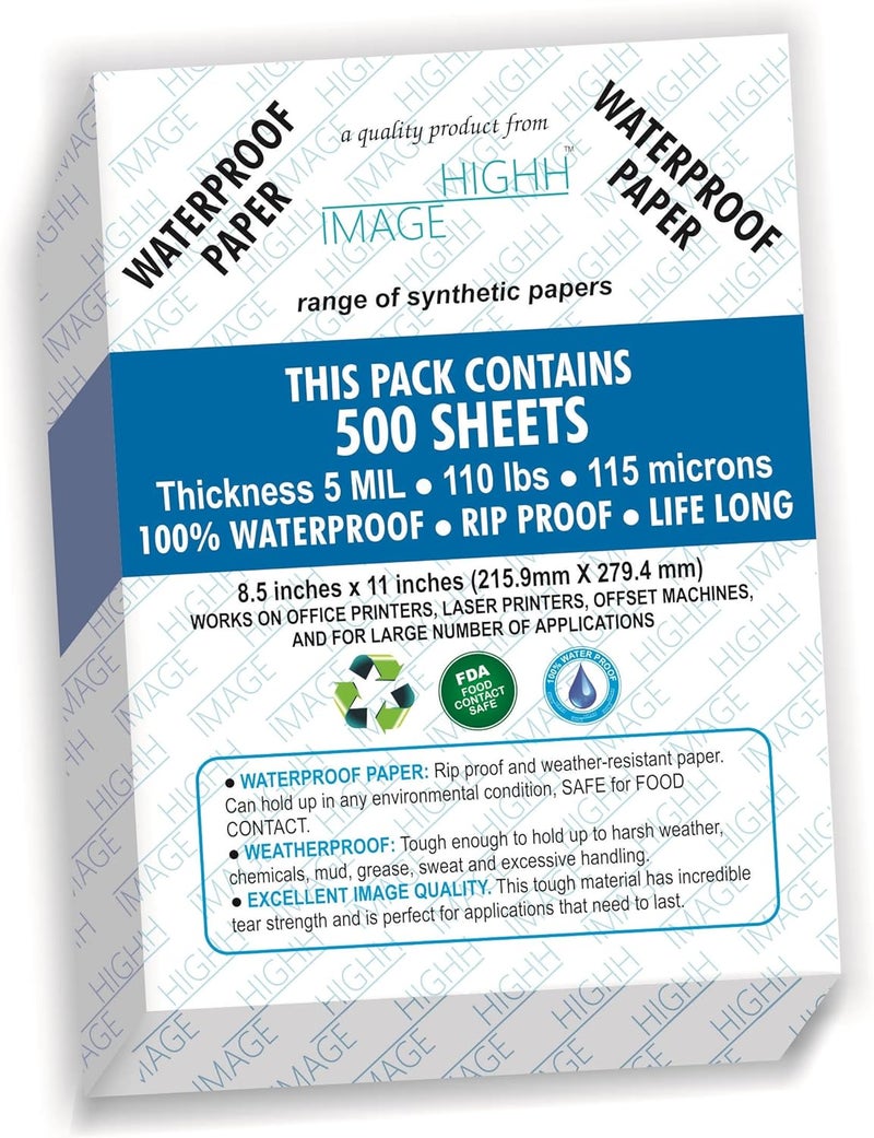HIGHH IMAGE Waterproof Paper, 500 Sheets, Bulk Pack, Thickness 5 MIL, Synthetic Paper, A4, 210 x 297 mm by | Print with Laser Printers | Office Printers - Image 1