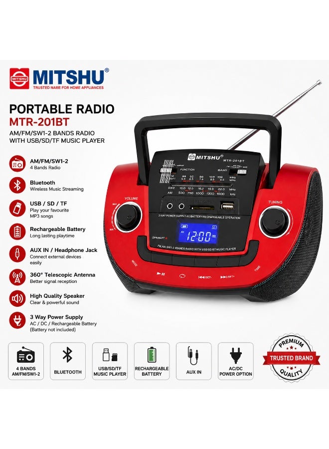 ميتشو مكبر صوت راديو بلوتوث محمول مع مستقبل متعدد الموجات AM/FM/SW، ومشغل MP3 USB/SD/TF وبطارية قابلة لإعادة الشحن - أحمر - Image 3