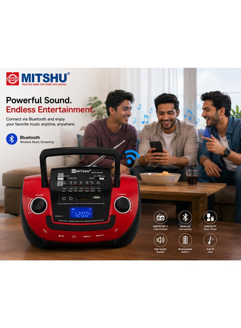 ميتشو مكبر صوت راديو بلوتوث محمول مع مستقبل متعدد الموجات AM/FM/SW، ومشغل MP3 USB/SD/TF وبطارية قابلة لإعادة الشحن - أحمر - Image 4