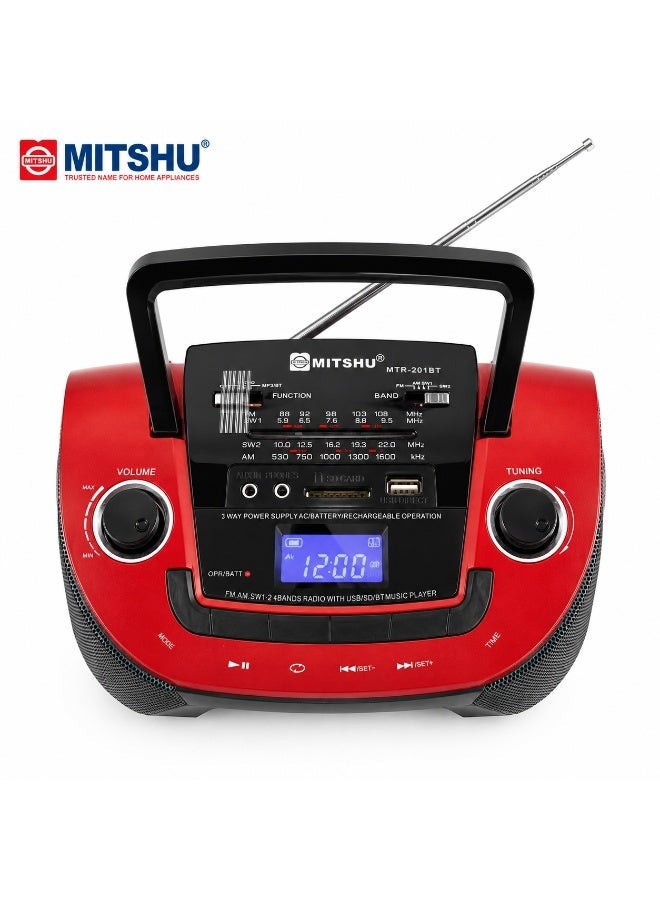 ميتشو مكبر صوت راديو بلوتوث محمول مع مستقبل متعدد الموجات AM/FM/SW، ومشغل MP3 USB/SD/TF وبطارية قابلة لإعادة الشحن - أحمر - Image 1