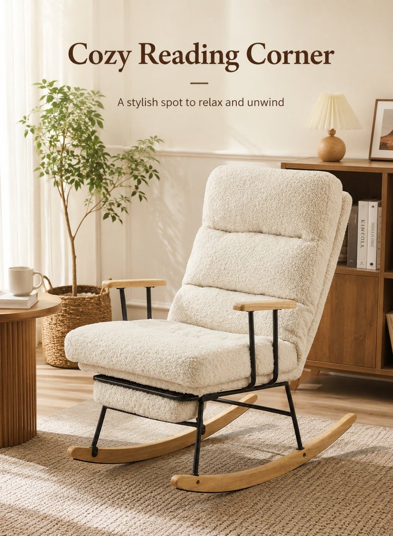Rich Life Modern White Upholstered Rocking Chair with Plush Seat and Ergonomic High Backrest, Metal Frame and Wooden Rocker Base, Cozy Lounge Accent Chair for Living Room, Bedroom and Nursery,Comfortable Lounge and Reading Chair Office Seat -Lounge Accent Chair,Patio Chairs Lounge - Image 1