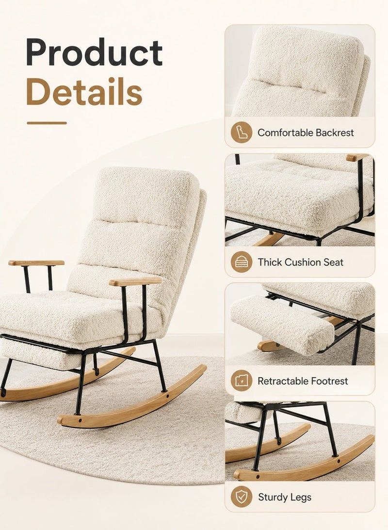 Rich Life Modern White Upholstered Rocking Chair with Plush Seat and Ergonomic High Backrest, Metal Frame and Wooden Rocker Base, Cozy Lounge Accent Chair for Living Room, Bedroom and Nursery,Comfortable Lounge and Reading Chair Office Seat -Lounge Accent Chair,Patio Chairs Lounge - Image 5