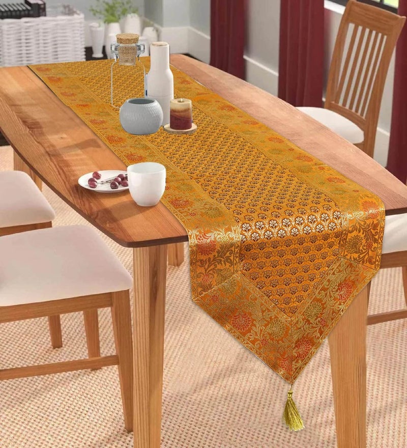 E EZRA Long Silk Table Runner for Dinning TableCentre Table V Shape Table Cloth Bed Runner 80 by 14 in Mustard Yellow