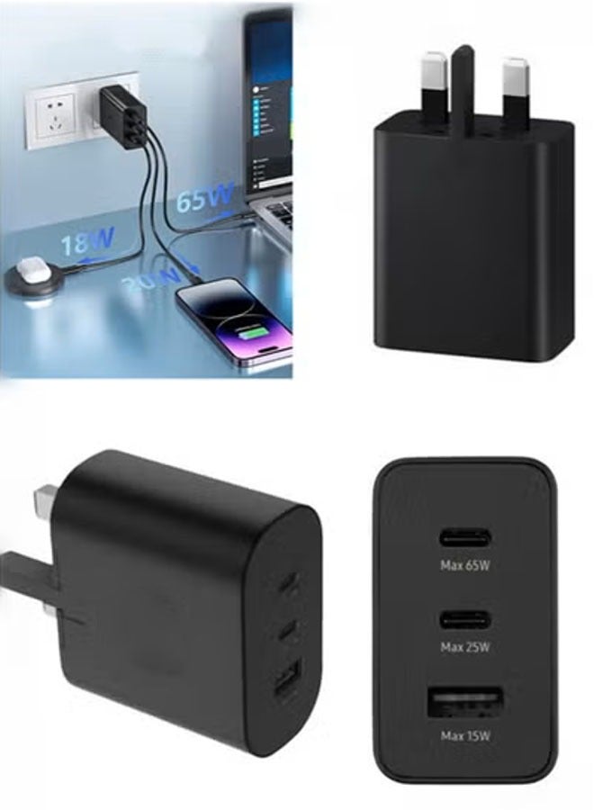 65W 3-Port Super Fast Charging Wall Charger,PD USB C Charger Block,Charger Head with USB Type-C Charging Cable, Adapter Type C Charger Fast Charging for iPhone,iPad, Galaxy,Samsung Galaxy,laptops - Image 1