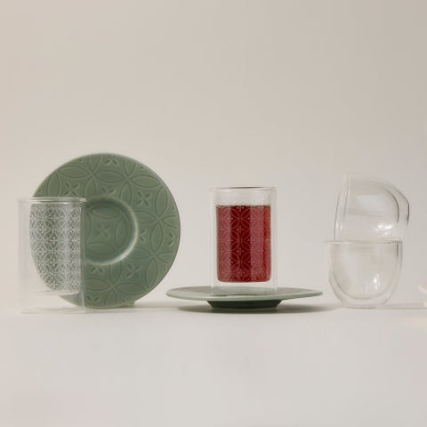 Dallaty green porcelain and glass Tea and coffee cups set 18 pcs