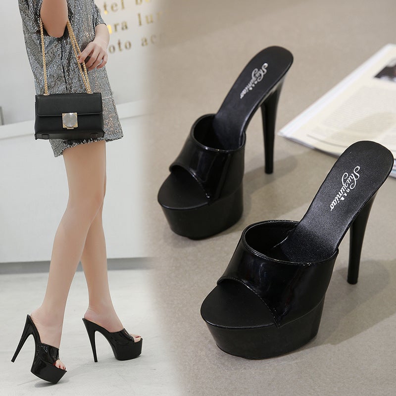 New Patent Leather High Heels Stiletto Heel Black Waterproof Table Hate Sky Tall Super Heel Sandals For Summer - Image 3
