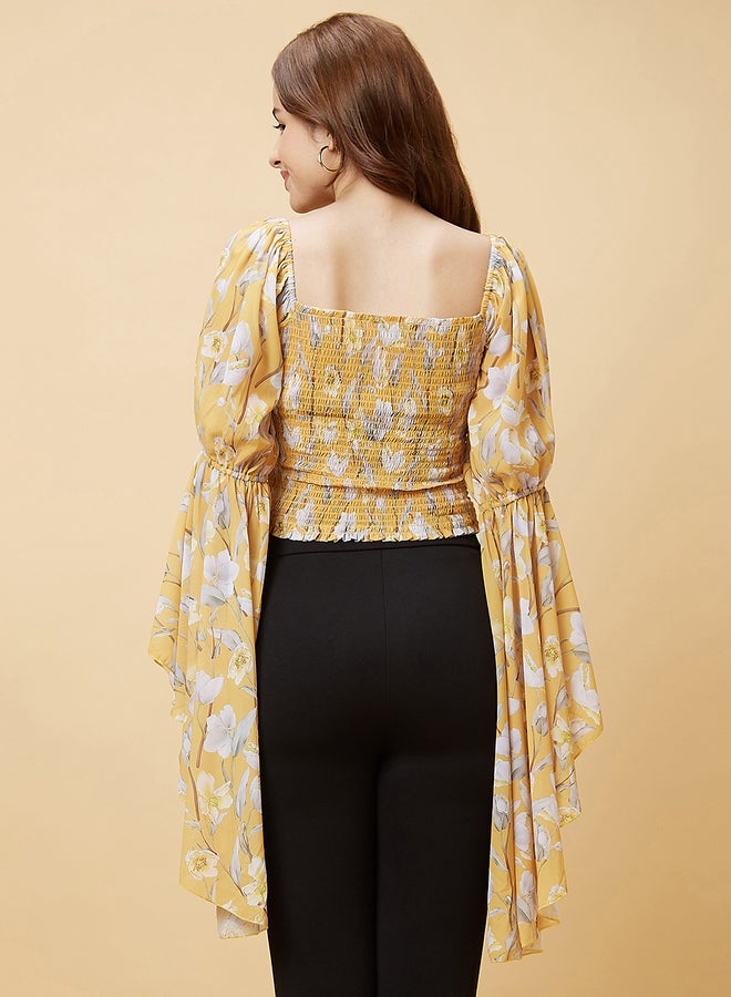 globus Globus Women Yellow Floral Print Long Sleeves Crop Top with Smocking - Image 4