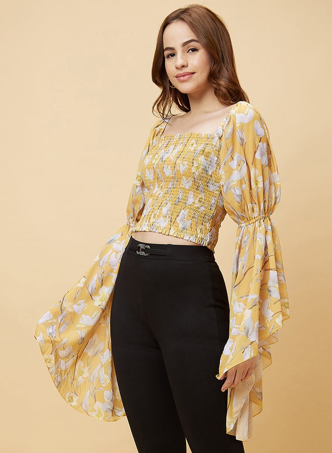 globus Globus Women Yellow Floral Print Long Sleeves Crop Top with Smocking - Image 3