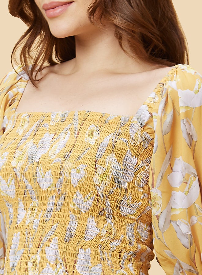 globus Globus Women Yellow Floral Print Long Sleeves Crop Top with Smocking - Image 5
