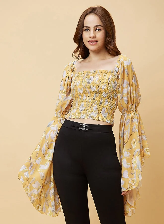 globus Women Yellow Floral Print Long Sleeves Crop Top with Smocking