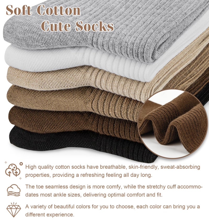 YSense Women's Cotton Crew Socks 6 Pairs, Long Cute Aesthetic Neutral Athletic Boot Socks for Women Stocking Stuffers Gifts - Image 3