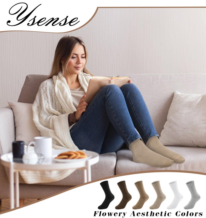 YSense Women's Cotton Crew Socks 6 Pairs, Long Cute Aesthetic Neutral Athletic Boot Socks for Women Stocking Stuffers Gifts - Image 4