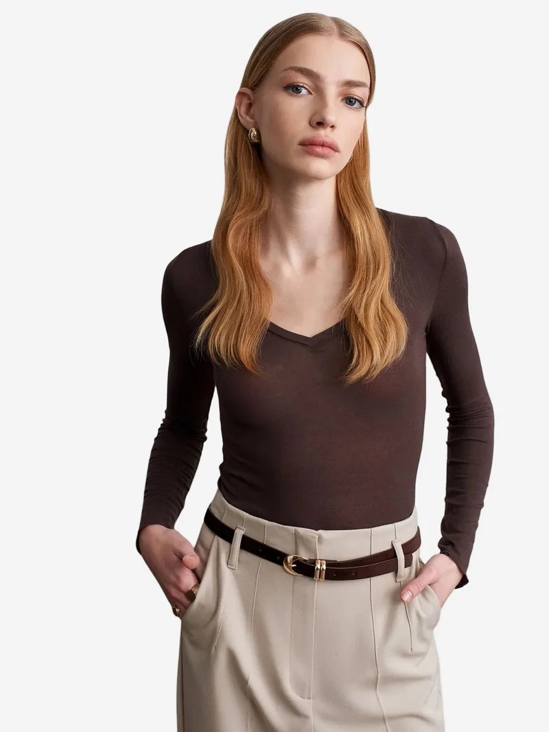 Dilvin DILVIN Slim Fit V-Neck Long Sleeve Top