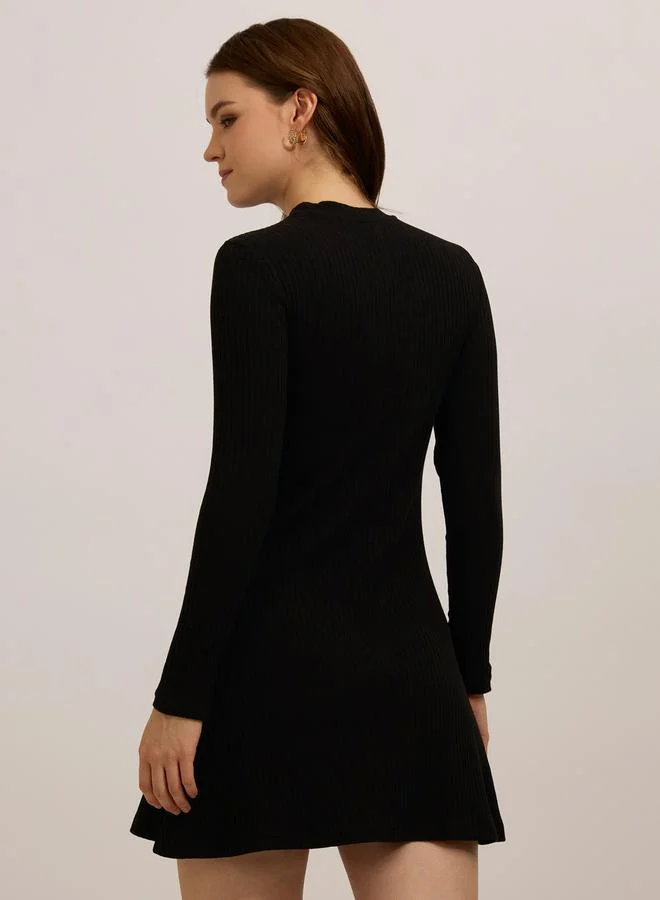 Outzidr  Black High Neck Ribbed Skater Mini Dress for Women | Best Price UAE